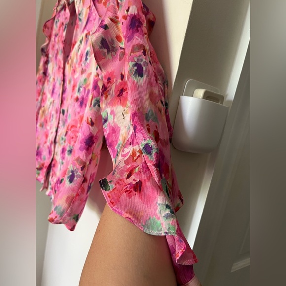 ZARA Pink Floral Button Down Long Sleeve Sheer Blouse with Collar Women’s Size S - Picture 6 of 13